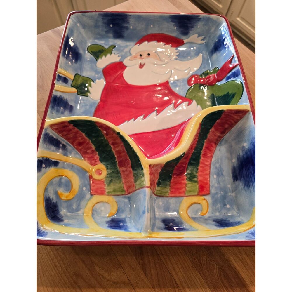 Clay Art Hand Painted Santa Christmas Chips and Dip Tray Santa Sledding 2001